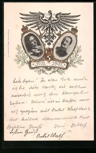 Präge-AK 1701-1901, Portrait Kaiser Wilhelm II. und Friedrich I., Reichsadler
