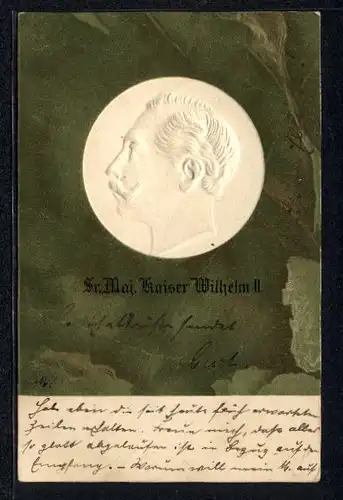 Präge-Lithographie Kaiser Wilhelm II., Prägeportrait vor grünem Hintergrund