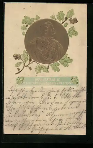 Relief-AK Kaiser Wilhelm II., Portrait vor Eichenlaub