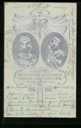 Präge-AK Silberhochzeit des Kaiserpaares 1906, Portraits in Silber, Adler