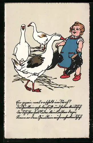 AK Drei Gänse und ein Mädchen mit Schuhen in der Hand
