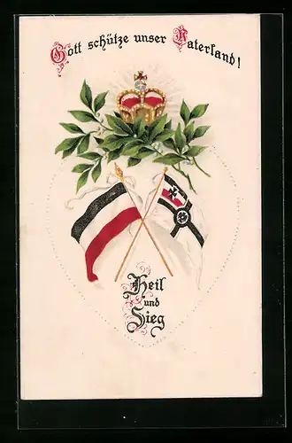 Präge-AK Grusskarte mit deutscher Fahne und Reichskriegsfahne, Krone auf Lorbeerlaub