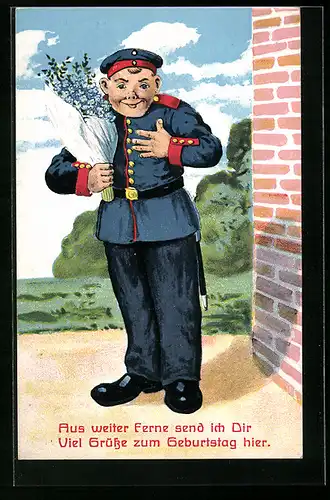 AK Geburtstagsgrüsse, Soldat in Uniform mit Blumen