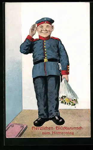 AK Glückwunschkarte zum Namenstag, Soldat in Uniform mit Blumen