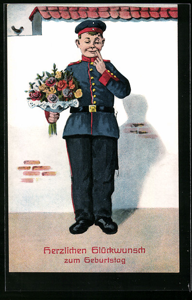 AK Geburtstagsgrüsse, Soldat in Uniform mit Blumen Nr. 12115476