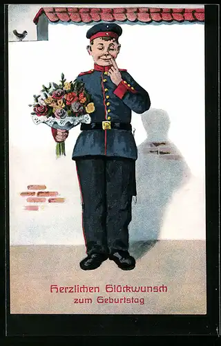 AK Geburtstagsgrüsse, Soldat in Uniform mit Blumen