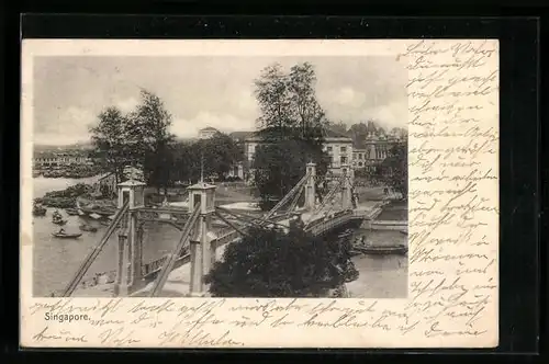 AK Singapur, Brücke mit Uferblick aus der Vogelschau