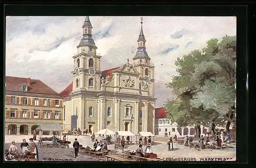 Künstler-AK Ludwigsburg, Marktplatz mit Evang. Stadtkirche