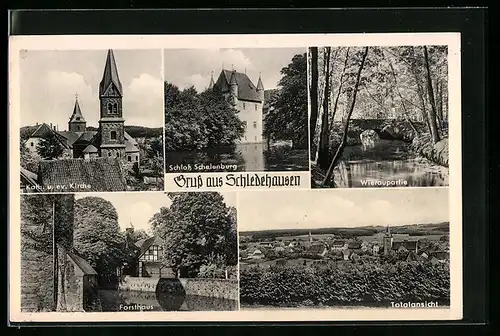 AK Schledehausen, Totalansicht, Forsthaus, Wieraupartie, Schloss Schelenburg, Kath. u. ev. Kirche