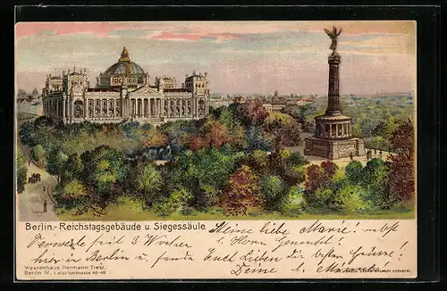 Lithographie Berlin, Reichstagsgebäude und Siegessäule