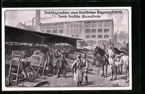 Künstler-AK Beschlagnahme einer feindlichen Flugzeugfabrik durch deutsche Kavallerie, Flugzeug