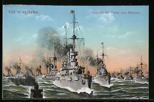 AK Kiel, Kriegshafen, Ausfahrt der Flotte zum Manöver