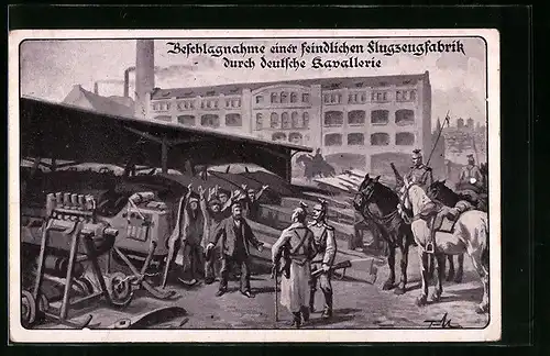 Künstler-AK Beschlagnahme einer feindlichen Flugzeugfabrik durch deutsche Kavallerie, Flugzeug