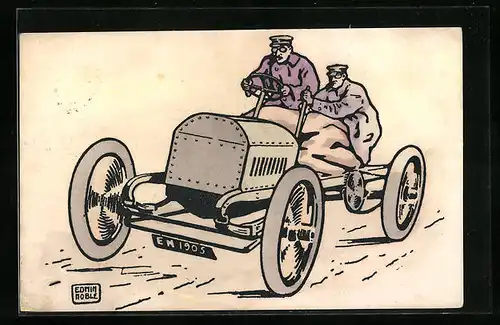 Künstler-AK Zwei Herren auf einem Automobil
