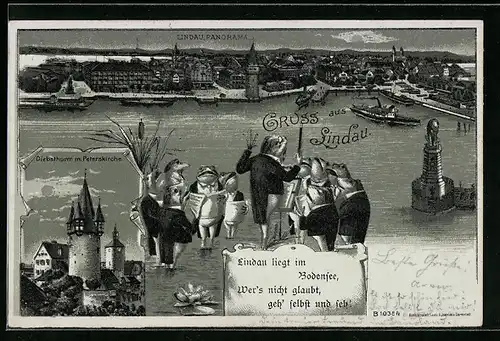 Mondschein-Lithographie Lindau, Panorama, Diebsturm mit Peterskirche, Singende Frösche