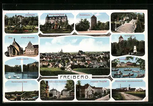 AK Freiberg, Albertpark, Bismarck-Denkmal, Johannis-Hospital, Schweden-Denkmal