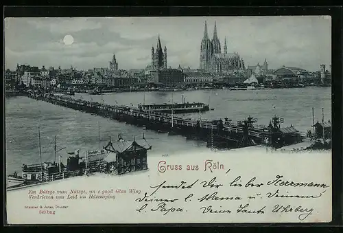 Mondschein-AK Köln, Blick auf Stadt und Gewässer mit Dampfer