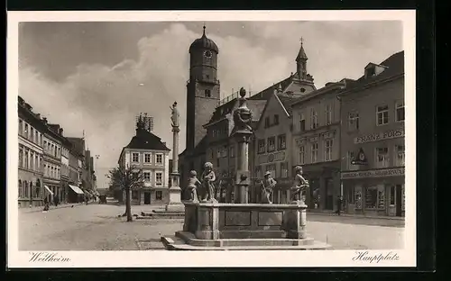 AK Weilheim, Hauptplatz mit Uhrengeschäft und Brunnen