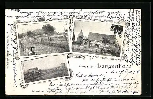 AK Langenhorn, Meierei und Bahnhof, Kirche, Markt