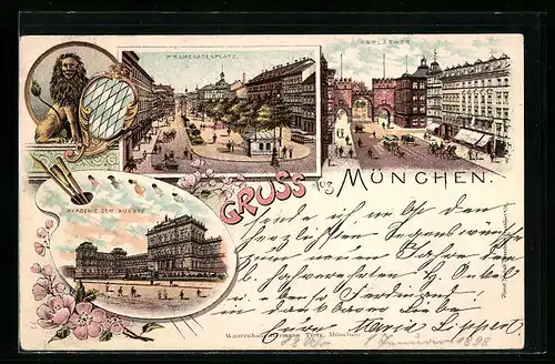 Lithographie München, Promenadenplatz, Karlsthor, Akademie der Künste