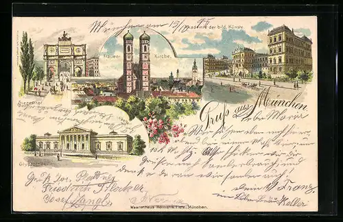 Lithographie München, Frauenkirche, Akademie der bild. Künste, Siegesthor