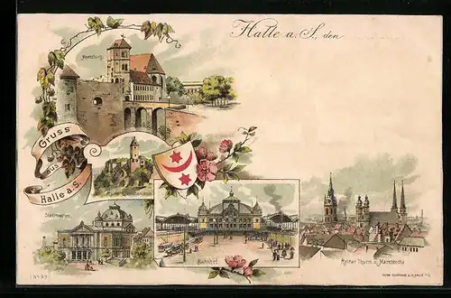 Lithographie Halle a. S., Moritzburg, Stadttheater, Bahnhof