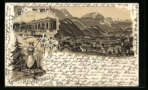 Lithographie Reichenhall, Ortsansicht aus der Vogelschau, Colonaden, Tracht