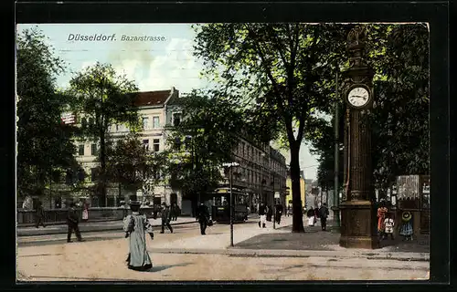 AK Düsseldorf, Partie an der Bazarstrasse, Strassenbahn