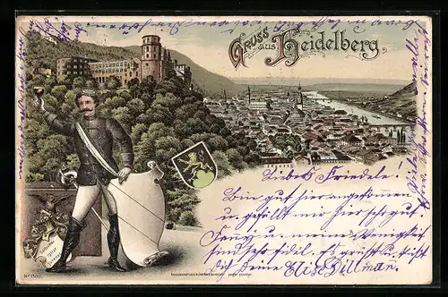 Lithographie Heidelberg, Ortsansicht aus der Vogelschau, Mann in Uniform mit Degen