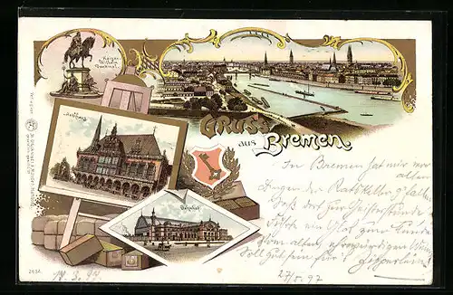 Lithographie Bremen, Bahnhof, Rathhaus, Ortsansicht