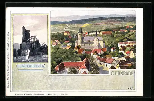 Künstler-AK Gernrode, Teilansicht mit Kirche, Ruine Lauenburg