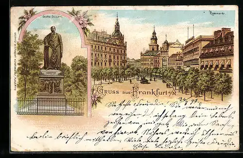 Lithographie Frankfurt a. M., Rossmarkt, Goethe-Denkmal