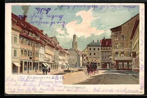Lithographie Ravensburg, Bachstrasse mit Möbel-Magazin