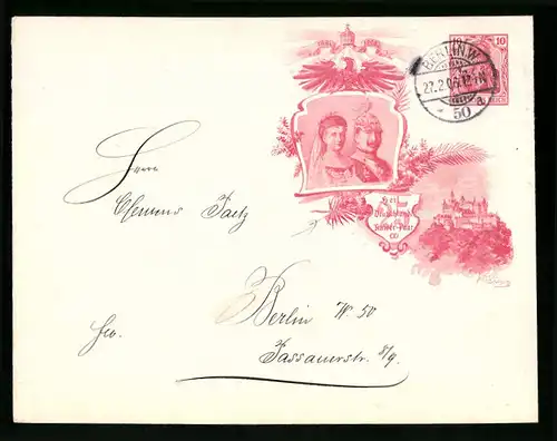 Dekorativer Briefumschlag Kaiser Wilhelm II. und Kaiserin Auguste Viktoria, Schloss, Ganzsache 10 Pfg.