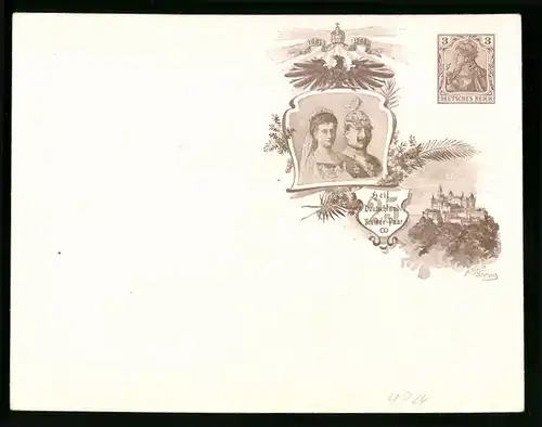 Dekorativer Briefumschlag Kaiser Wilhelm II. und Kaiserin Auguste Viktoria, Burg Hohenzollern, Ganzsache 3 Pfg.