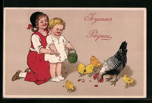 AK Mädchen füttern Osterküken und Huhn