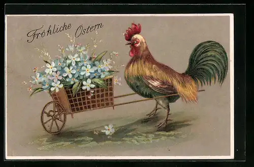 AK Hahn mit Karren voller Vergissmeinnicht
