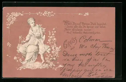 Lithographie Engelchen begleitet Dame auf Reisen