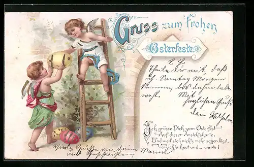 AK Osterengel auf Leiter mit Osterei