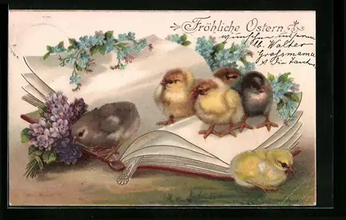 Lithographie Osterküken mit Blüten auf einem aufgeklappten Buch
