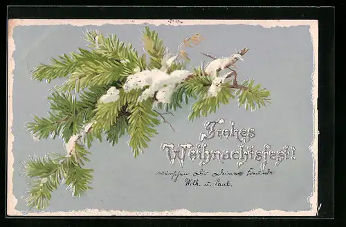 AK Verschneiter Tannenzweig zu Weihnachten