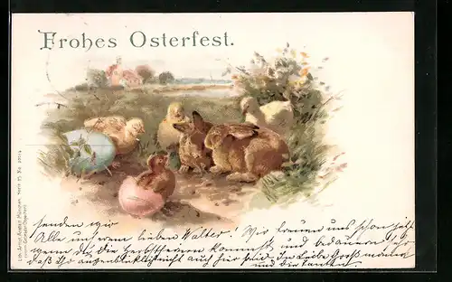 AK Osterhasen mit Osterküken zum Feste
