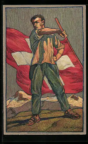 Künstler-AK Schweizer Bundesfeier 1912, Mann mit Flagge, Ganzsache
