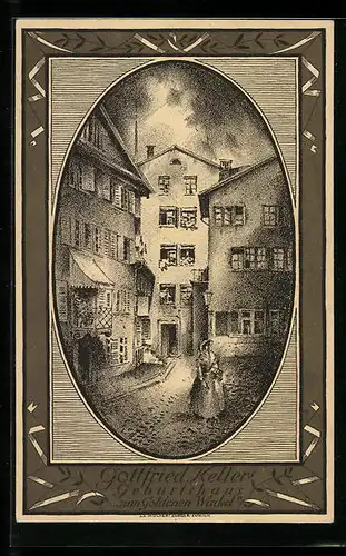 Künstler-AK Schweizer Bundesfeier 1919, Gottfried Keller`s Geburtshaus zum Goldenen Winkel, Ganzsache