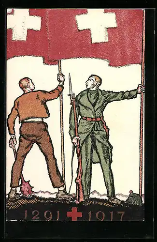 AK Schweizer Bundesfeier 1917, Ein Soldat und ein Bürger hissen die Flagge des Landes, Ganzsache