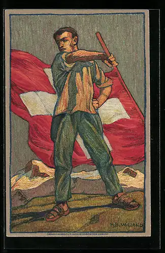 Künstler-AK Schweizer Bundesfeier 1912, Fahnenschwenker, Ganzsache