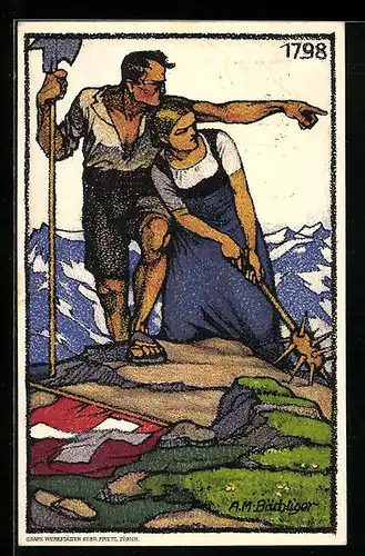 Künstler-AK Schweizer Bundesfeier 1913, Bauernpaar auf einem Berggipfel, Ganzsache