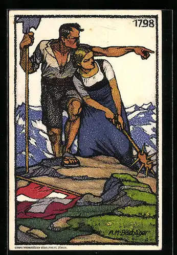 Künstler-AK Schweizer Bundesfeier 1913, Wehrhaftes Bauerpaar auf einem Berggipfel, Ganzsache