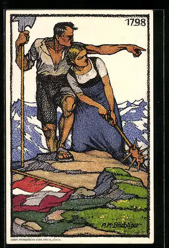 Künstler-AK Schweizer Bundesfeier 1913, Bauernpaar auf einem Berggipfel, Ganzsache