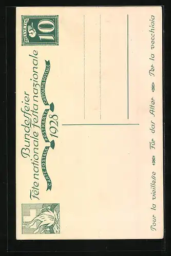 Künstler-AK Schweizer Bundesfeier 1928, Für das Alter, Ganzsache